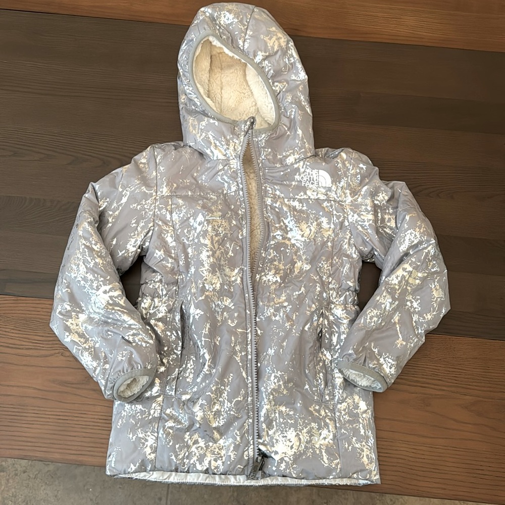 North Face silver splatter reversible winter jacket